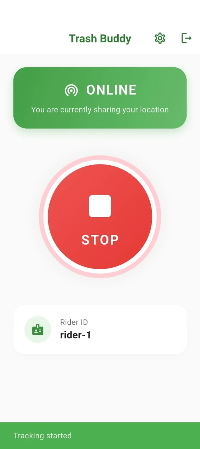 Trashbuddy mobile app showing an active location-sharing session